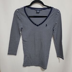 Ralph Lauren Sport Navy/White Striped 3/4 Length Sleeve Top. Size M